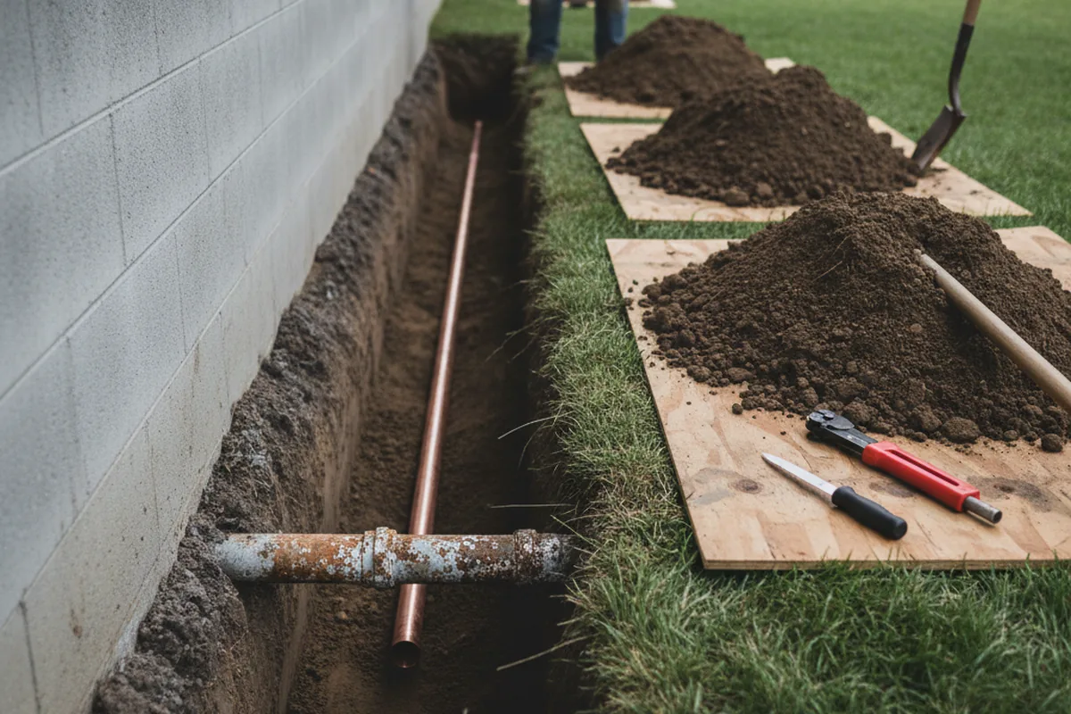 Excavated water line trench during Sewer Line Repair in Fulton